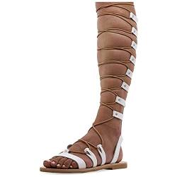 39 Weiß Emmanuela Knieshohe Ledersandalen im antiken griechischen Stil, handgefertigte flache Gladiator sandalen mit offenen Zehen, hochwertige Sommerschuhe zum Binden für Frauen von EMMANUELA handcrafted for you