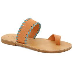 40 Lachs-Türkis Emmanuela griechische Wildleder bestickte Zehenringsandalen, hochwertige handgefertigte Slide Sommerschuhen für Damen, Boho Chic offene Zehen Sandalen von EMMANUELA handcrafted for you