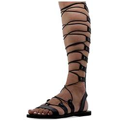 41 Schwarz Emmanuela Knieshohe Ledersandalen im antiken griechischen Stil, handgefertigte flache Gladiator sandalen mit offenen Zehen, hochwertige Sommerschuhe zum Binden für Frauen von EMMANUELA handcrafted for you