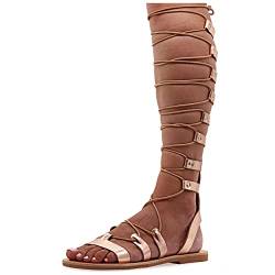 42 Roségold Emmanuela Knieshohe Ledersandalen im antiken griechischen Stil, handgefertigte flache Gladiator sandalen mit offenen Zehen, hochwertige Sommerschuhe zum Binden für Frauen von EMMANUELA handcrafted for you