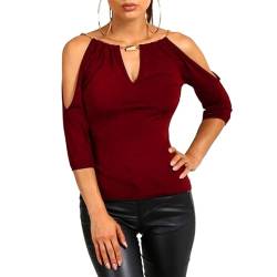 EMOTTOS Einzigartige Damen 3/4-Ärmel Tops, V-Ausschnitt Lässiges T-Shirt mit beweglicher Kette, Off-Shoulder 3/4 Lange Ärmel Tunika Tops Pullover T-Shirt(RED-M) von EMOTTOS