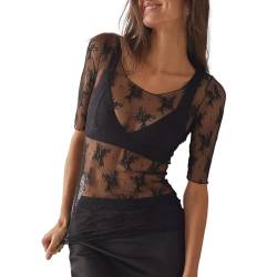 EMOTTOS Frauen Sexy Spitze Tops, Beflockte gedruckt Sheer Mesh Kurze Ärmel, Rundhalsausschnitt sehen durch Jumpsuit für Frauen, Weiblich Sexy Leotard Clubwear(A1-Black) von EMOTTOS