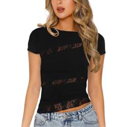 EMOTTOS Frauen Spitze Patchwork Top, Y2k Slim Fit See-Through T Shirt, Sexy Rundhalsausschnitt Mesh Sheer Short Sleeve für Frauen, Mädchen, Skims Dupes Top mit floraler Spitze Club Streetwear(Black-S) von EMOTTOS