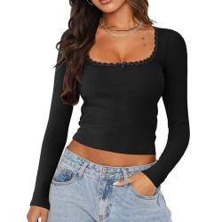 EMOTTOS Frauen Y2k Niedrig geschnittene Tops, Sexy Quadratischer Ausschnitt Spitze Patchwork T-Shirt, Elegante Slim Fit Basic Bluse mit Langen Ärmeln und Fliege(Black-M) von EMOTTOS