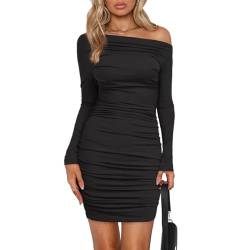 EMOTTOS Off-Shoulder Plissierte hüftbetonte Kleider, einfarbiges Minikleid mit Kordelzug, schlankes Wickelkleid mit Langen Ärmeln, Bodycon Abendkleider mit rückenfreier Taille(Black-M) von EMOTTOS