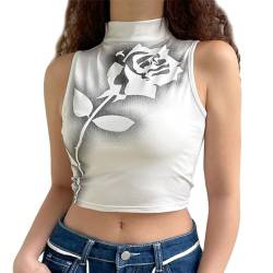 EMOTTOS Sexy Rosen Tanktop Damen- Trendiges ärmelloses bedrucktes Crop Tops für Frauen oder Teenager-Mädchen, dehnbares Tanzweste Club Party Y2K top T-Shirt（White-L） von EMOTTOS