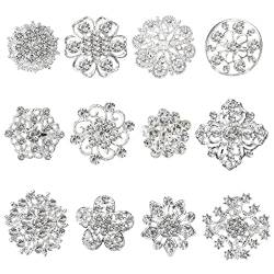 EMSea 12 Stücke Kristall Broschen Blumen Strass Brosche Verzierte Brosche aus Legierung Dekorative Zubehör für Kleidung Hut Pullover Verzierung für Mädchen Silbern von EMSea