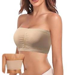 Trägerloser Bandeau BH Spitze Trägerlos Damen Bandeau Trägerloser BH Nahtlose Tube Top BH ohne Bügel Ungepolstert Bandeau BH -weiche/Anti-Rutsch- mit Transparenten Trägern (Aprikose XL) von ENAIAH