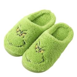 ENIXWH Grinch Hausschuhe Weihnachten Glückliche Hausschuhe für Damen Herren Lustige Plüsch Winter Warme Flauschige Slippers (A, Erwachsene, Damen, 41, Numerisch (von/bis), EU Schuhgrößensystem, 42, M) von ENIXWH