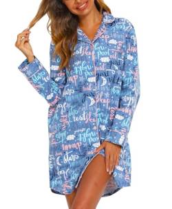 ENJOYNIGHT Damen Flanell Nachthemd Langarm Schlafshirt Knopfleiste Nachtwäsche Kurz S-XXL(Large,Blauer Buchstabe) von ENJOYNIGHT