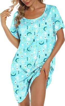 ENJOYNIGHT Damen Nachthemd Baumwolle Kurzarm Schlafhemd T-Shirt Schlafshirt Sommer Nachtwäsche für Lounge (3X-Large,Blau Mond) von ENJOYNIGHT
