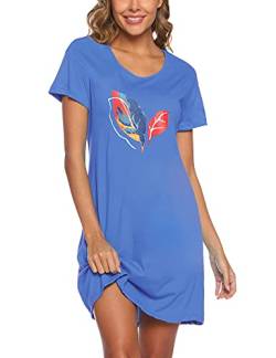 ENJOYNIGHT Damen Nachthemd Baumwolle Kurzarm Schlafhemd T-Shirt Schlafshirt Sommer Nachtwäsche für Lounge (Large-X-Large,Blaue Blätter) von ENJOYNIGHT
