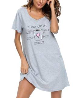 ENJOYNIGHT Damen Nachthemd Baumwolle Kurzarm Schlafhemd T-Shirt Schlafshirt Sommer Nachtwäsche für Lounge (Large-X-Large,Graue Herztasse) von ENJOYNIGHT