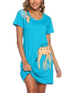 ENJOYNIGHT Damen Nachthemd Baumwolle Kurzarm Schlafhemd T-Shirt Schlafshirt Sommer Nachtwäsche für Lounge (Small-Medium,Blua Giraffe) von ENJOYNIGHT