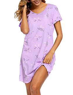 ENJOYNIGHT Damen Nachthemd Baumwolle Kurzarm Schlafhemd T-Shirt Schlafshirt Sommer Nachtwäsche für Lounge (Small-Medium,Kaninchen) von ENJOYNIGHT