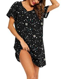 ENJOYNIGHT Damen Nachthemd Baumwolle Kurzarm Schlafhemd T-Shirt Schlafshirt Sommer Nachtwäsche für Lounge (Small-Medium,Mondstern) von ENJOYNIGHT