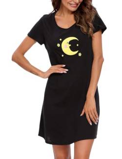 ENJOYNIGHT Damen Nachthemd Baumwolle Kurzarm Schlafhemd T-Shirt Schlafshirt Sommer Nachtwäsche für Lounge (Small-Medium,schwarz) von ENJOYNIGHT