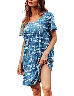 ENJOYNIGHT Damen Nachthemd Baumwolle Kurzarm Schlafhemd T-Shirt Schlafshirt Sommer Nachtwäsche für Lounge (XX-Large,Blau) von ENJOYNIGHT