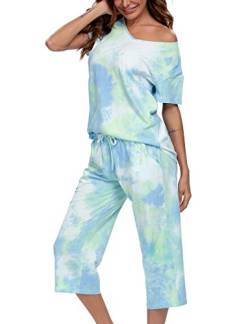 ENJOYNIGHT Damen Schlafanzug Baumwolle Sommer Kurz Pyjama Set Kurzarm Shirt mit 3/4 Lange Capri Hose Nachtwäsche (3X-Large,Blau-Tie dye) von ENJOYNIGHT