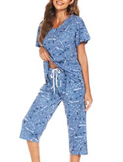 ENJOYNIGHT Damen Schlafanzug Baumwolle Sommer Kurz Pyjama Set Kurzarm Shirt mit 3/4 Lange Capri Hose Nachtwäsche (Large,Blauer Mondstern) von ENJOYNIGHT