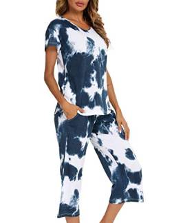 ENJOYNIGHT Damen Schlafanzug Baumwolle Sommer Kurz Pyjama Set Kurzarm Shirt mit 3/4 Lange Capri Hose Nachtwäsche (Small,Marine) von ENJOYNIGHT