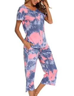 ENJOYNIGHT Damen Schlafanzug Baumwolle Sommer Kurz Pyjama Set Kurzarm Shirt mit 3/4 Lange Capri Hose Nachtwäsche (X-Large,Blau Rosa) von ENJOYNIGHT