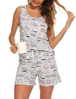 ENJOYNIGHT Damen Schlafanzug Kurz Sommer Pyjama Set Ärmellos Top und Shorts Nachtwäsche Frauen Baumwolle Hausanzug (Large,Graue Kaffeetasse) von ENJOYNIGHT