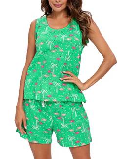 ENJOYNIGHT Damen Schlafanzug Kurz Sommer Pyjama Set Ärmellos Top und Shorts Nachtwäsche Frauen Baumwolle Hausanzug (Large,Grüner Flamingo) von ENJOYNIGHT