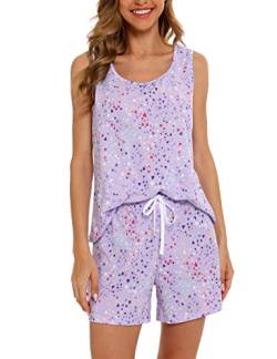ENJOYNIGHT Damen Schlafanzug Kurz Sommer Pyjama Set Ärmellos Top und Shorts Nachtwäsche Frauen Baumwolle Hausanzug (Large,Lila) von ENJOYNIGHT