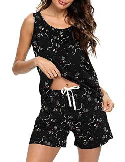ENJOYNIGHT Damen Schlafanzug Kurz Sommer Pyjama Set Ärmellos Top und Shorts Nachtwäsche Frauen Baumwolle Hausanzug (Medium,Schwarze Katze) von ENJOYNIGHT