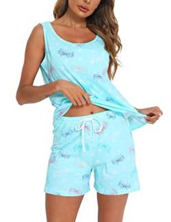 ENJOYNIGHT Damen Schlafanzug Kurz Sommer Pyjama Set Ärmellos Top und Shorts Nachtwäsche Frauen Baumwolle Hausanzug (XX-Large,Blauer Schmetterling) von ENJOYNIGHT