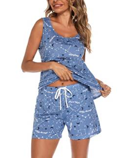 ENJOYNIGHT Damen Schlafanzug Kurz Sommer Pyjama Set Ärmellos Top und Shorts Nachtwäsche Frauen Baumwolle Hausanzug (XX-Large,Stern) von ENJOYNIGHT