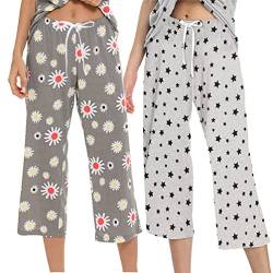 ENJOYNIGHT Damen Schlafanzughose 3/4 Lang Pyjamahose Baumwolle Nachtwäsche Schlafhose mit Kordelzug (Large,Blume+Grauer Stern) von ENJOYNIGHT