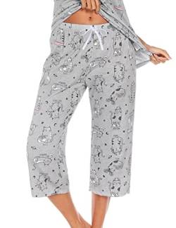 ENJOYNIGHT Damen Schlafanzughose 3/4 Lang Pyjamahose Baumwolle Nachtwäsche Schlafhose mit Kordelzug (Medium,Katze) von ENJOYNIGHT