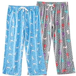 ENJOYNIGHT Damen Schlafanzughose 3/4 Lang Pyjamahose Baumwolle Nachtwäsche Schlafhose mit Kordelzug (Small,Katze+Mond) von ENJOYNIGHT