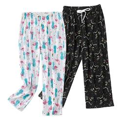 ENJOYNIGHT Damen Schlafanzughose 3/4 Lang Pyjamahose Baumwolle Nachtwäsche Schlafhose mit Kordelzug (X-Large,Flamingo+Schwarze Katze) von ENJOYNIGHT