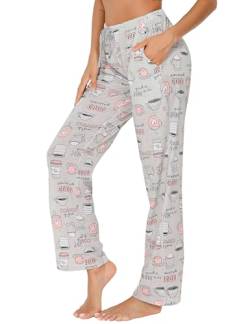 ENJOYNIGHT Damen Schlafanzughose Lang Baumwolle Pyjamahose Print Schlafhose Freizeithose mit Taschen und Kordelzug(Large,Graue Tasse) von ENJOYNIGHT