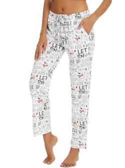 ENJOYNIGHT Damen Schlafanzughose Lang Baumwolle Pyjamahose Print Schlafhose Freizeithose mit Taschen und Kordelzug(Large,Schnee) von ENJOYNIGHT