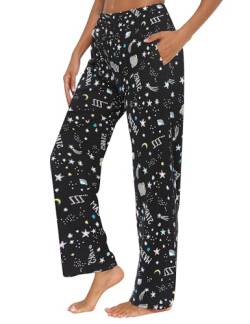 ENJOYNIGHT Damen Schlafanzughose Lang Baumwolle Pyjamahose Print Schlafhose Freizeithose mit Taschen und Kordelzug(Large,Schwarzer Mondstern) von ENJOYNIGHT