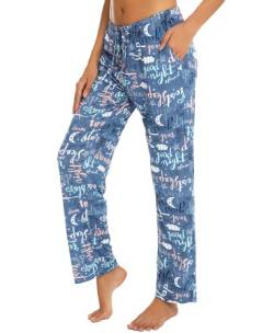 ENJOYNIGHT Damen Schlafanzughose Lang Baumwolle Pyjamahose Print Schlafhose Freizeithose mit Taschen und Kordelzug(Small,Blauer Buchstabe) von ENJOYNIGHT