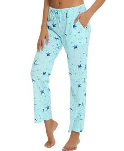 ENJOYNIGHT Damen Schlafanzughose Lang Baumwolle Pyjamahose Print Schlafhose Freizeithose mit Taschen und Kordelzug(Small,Stern) von ENJOYNIGHT