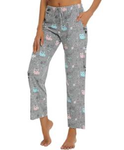 ENJOYNIGHT Damen Schlafanzughose Lang Baumwolle Pyjamahose Print Schlafhose Freizeithose mit Taschen und Kordelzug(X-Large,Graue Eule) von ENJOYNIGHT