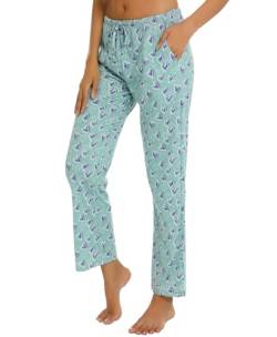 ENJOYNIGHT Damen Schlafanzughose Lang Baumwolle Pyjamahose Print Schlafhose Freizeithose mit Taschen und Kordelzug(XX-Large,Grünes Herz) von ENJOYNIGHT