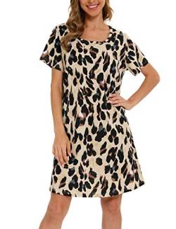 ENJOYNIGHT Nachthemd Damen Kurzarm Baumwolle Schlafshirt Sommer Sleepshirt Kurz Nachtwäsche Nachtkleid Weiche Schlafhemd (Large,Leopard) von ENJOYNIGHT