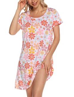 ENJOYNIGHT Nachthemd Damen Kurzarm Baumwolle Schlafshirt Sommer Sleepshirt Kurz Nachtwäsche Nachtkleid Weiche Schlafhemd (Large,Rosa Blume) von ENJOYNIGHT