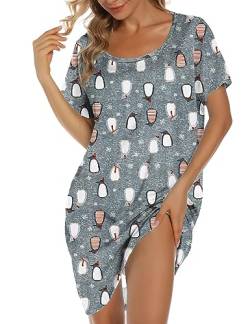 ENJOYNIGHT Nachthemd Damen Kurzarm Baumwolle Schlafshirt Sommer Sleepshirt Kurz Nachtwäsche Nachtkleid Weiche Schlafhemd (Medium,Grauer Pinguin) von ENJOYNIGHT