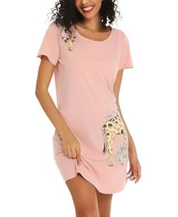 ENJOYNIGHT Nachthemd Damen Kurzarm Baumwolle Schlafshirt Sommer Sleepshirt Kurz Nachtwäsche Nachtkleid Weiche Schlafhemd (Medium,Rosa Giraffe) von ENJOYNIGHT