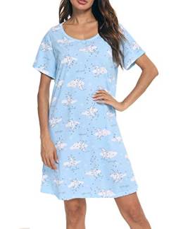 ENJOYNIGHT Nachthemd Damen Kurzarm Baumwolle Schlafshirt Sommer Sleepshirt Kurz Nachtwäsche Nachtkleid Weiche Schlafhemd (Small,Blauer Mond) von ENJOYNIGHT