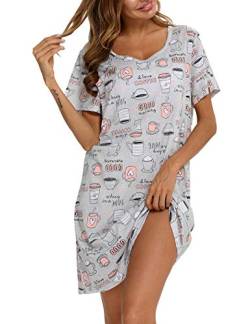 ENJOYNIGHT Nachthemd Damen Kurzarm Baumwolle Schlafshirt Sommer Sleepshirt Kurz Nachtwäsche Nachtkleid Weiche Schlafhemd (Small,Graue Kaffeetasse) von ENJOYNIGHT