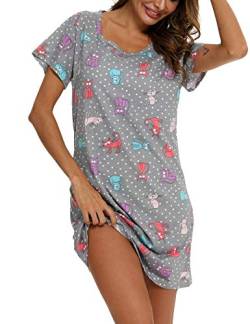 ENJOYNIGHT Nachthemd Damen Kurzarm Baumwolle Schlafshirt Sommer Sleepshirt Kurz Nachtwäsche Nachtkleid Weiche Schlafhemd (Small,Graue Katze) von ENJOYNIGHT
